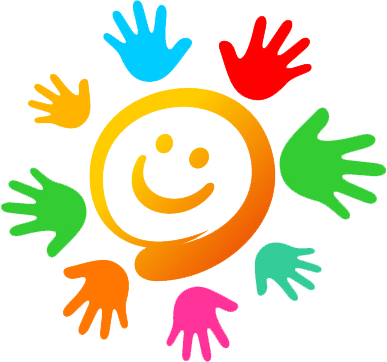 Smiling sun made of a yellow and orange swirl, with colorful handprints radiating outwards.