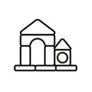 A house built from toy blocks, with an arched doorway and a small tower.