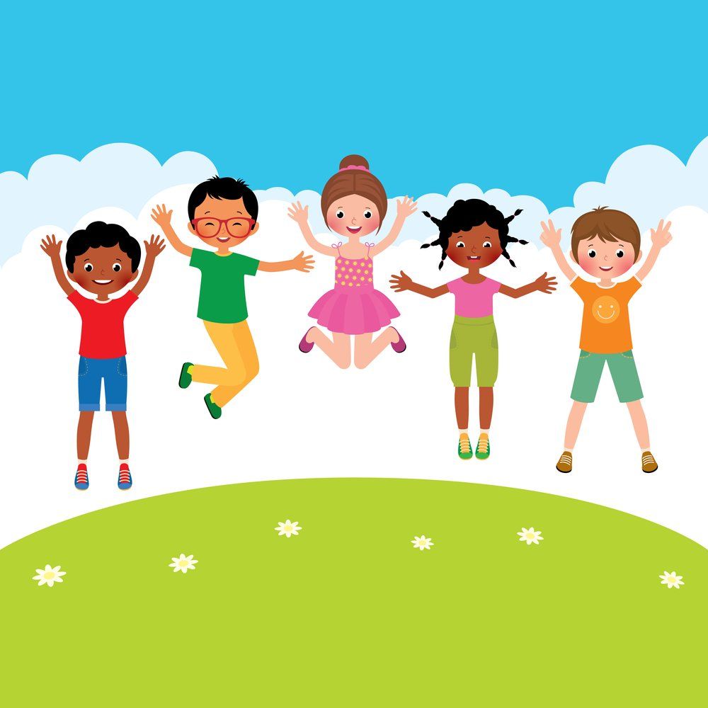 Five children jumping and smiling on a green hill under a blue sky with white clouds