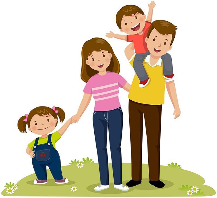 A family of four: a mother and father, with a girl holding the mother's hand, and a boy on the father's shoulders. They are smiling in a grassy field.