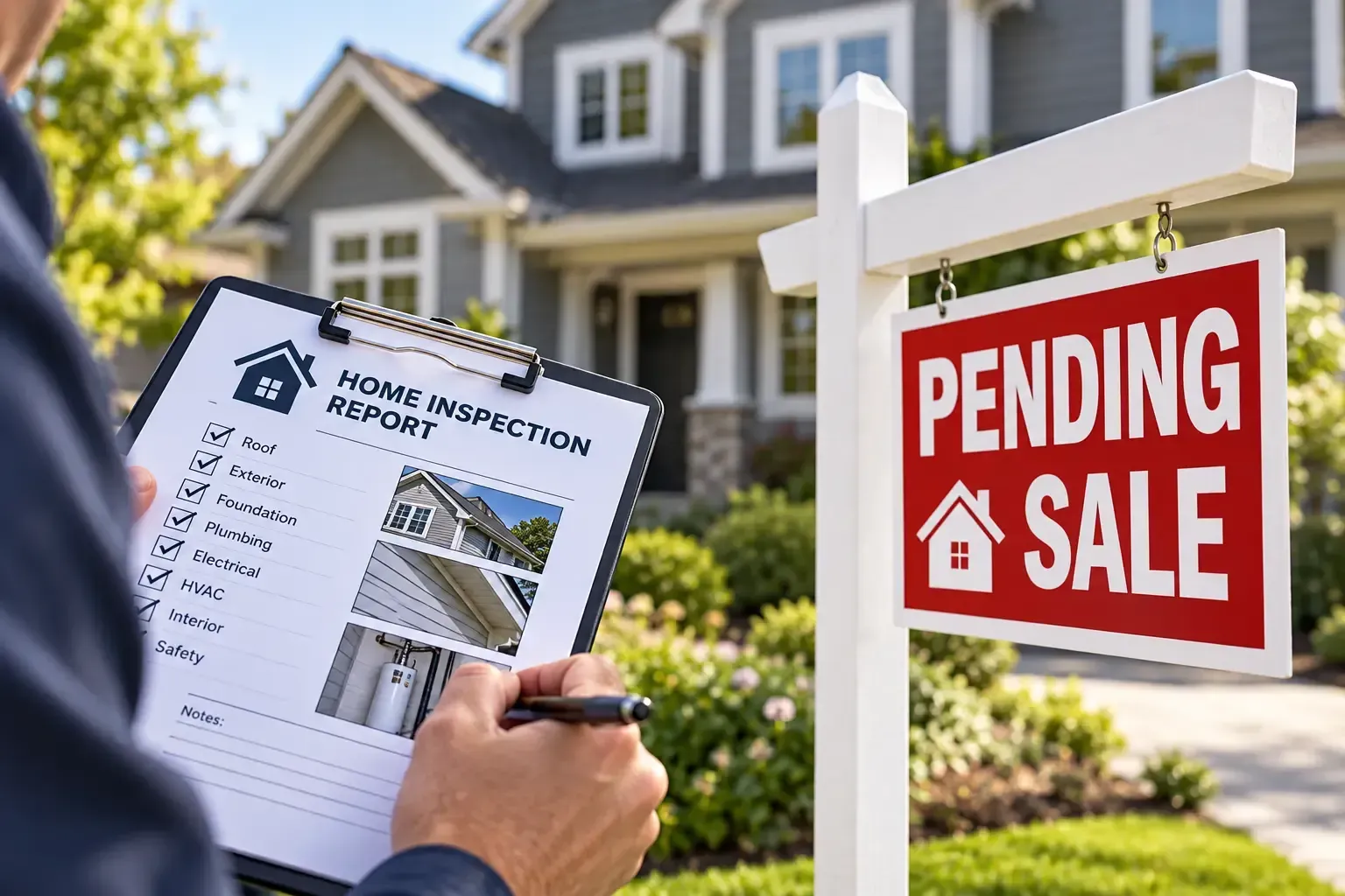 Home inspection report beside a red “PENDING SALE” sign in front of a house