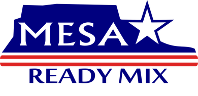 Logo of Mesa Ready Mix: blue silhouette with a white star and text, red and white stripes, dark blue text.