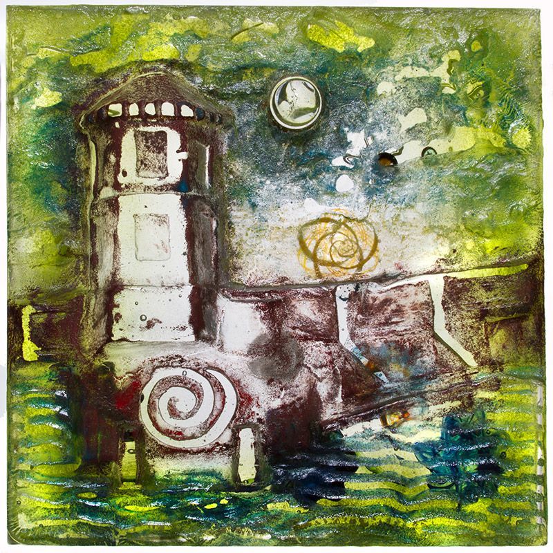 A painting of a lighthouse with circles on it