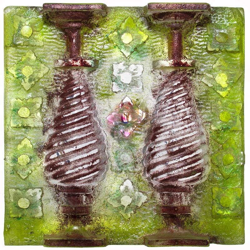 A painting of two vases on a green background