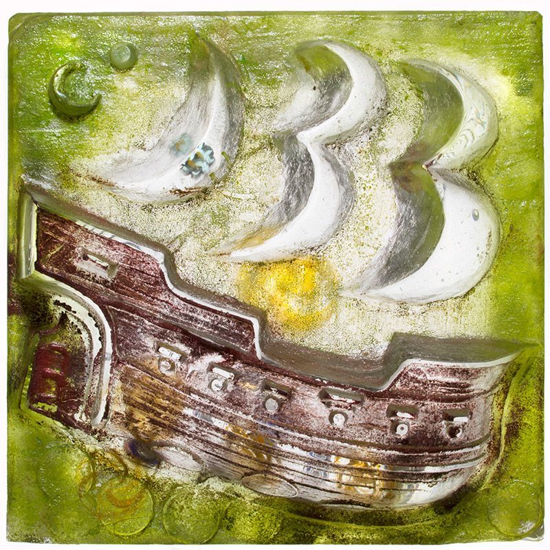 A painting of a boat with crescent moons on a green background.