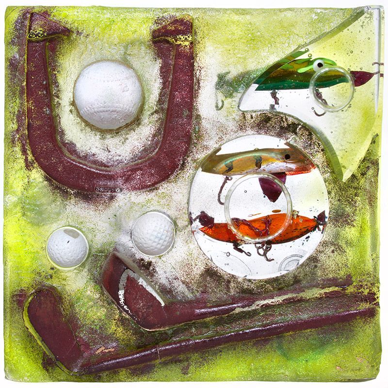 A painting of a horseshoe golf clubs and golf balls