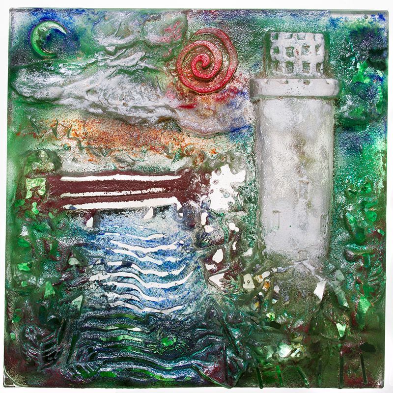 A colorful painting of a lighthouse and a river