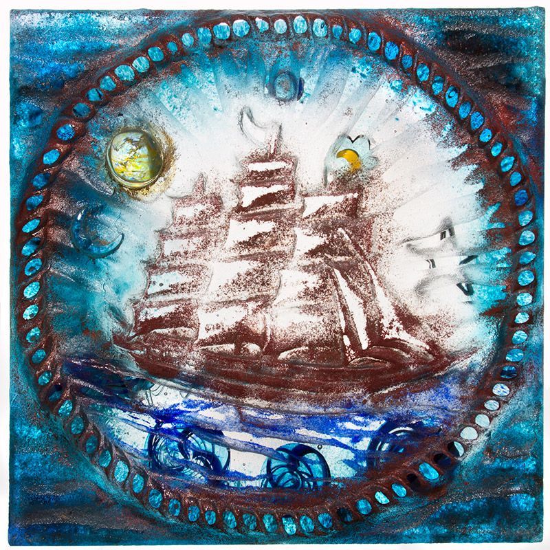 A painting of a sailboat in the ocean