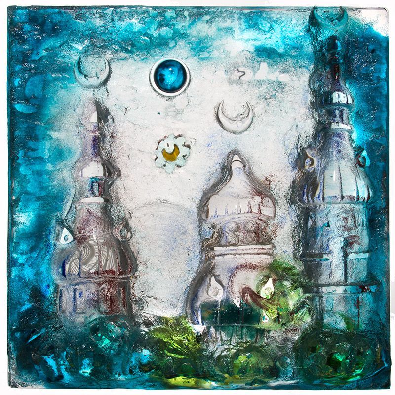 A painting of a castle with a blue moon in the sky
