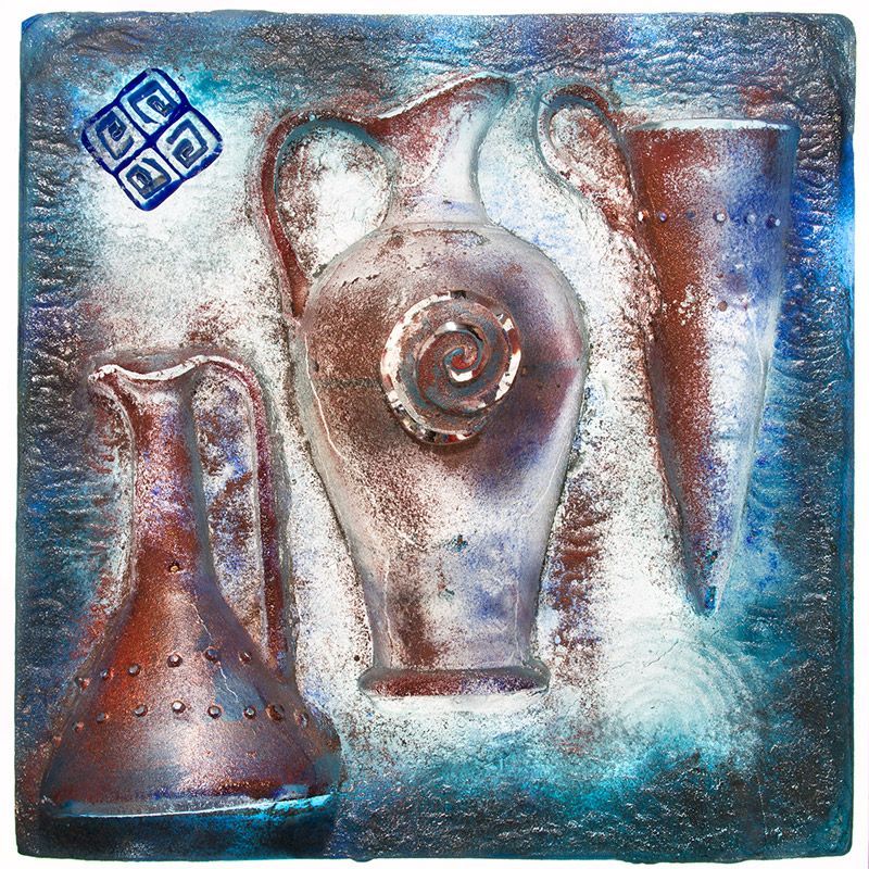 A painting of a pitcher and two vases on a blue background