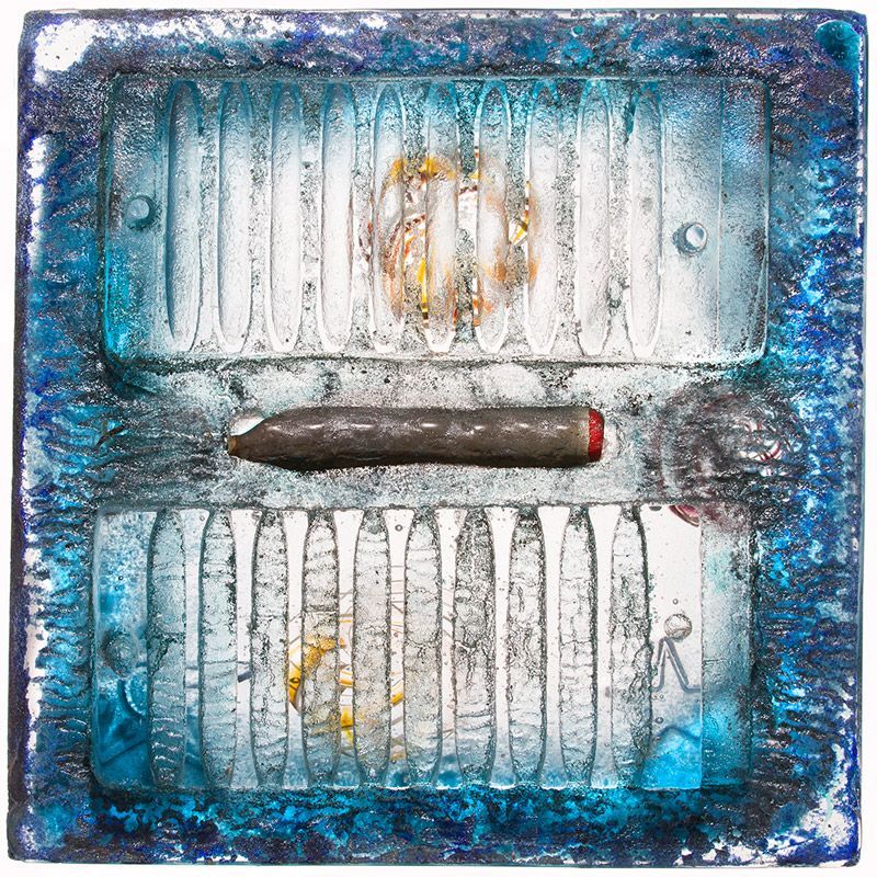 Abstract blue and white artwork with central cylinder and two ribbed rectangles.
