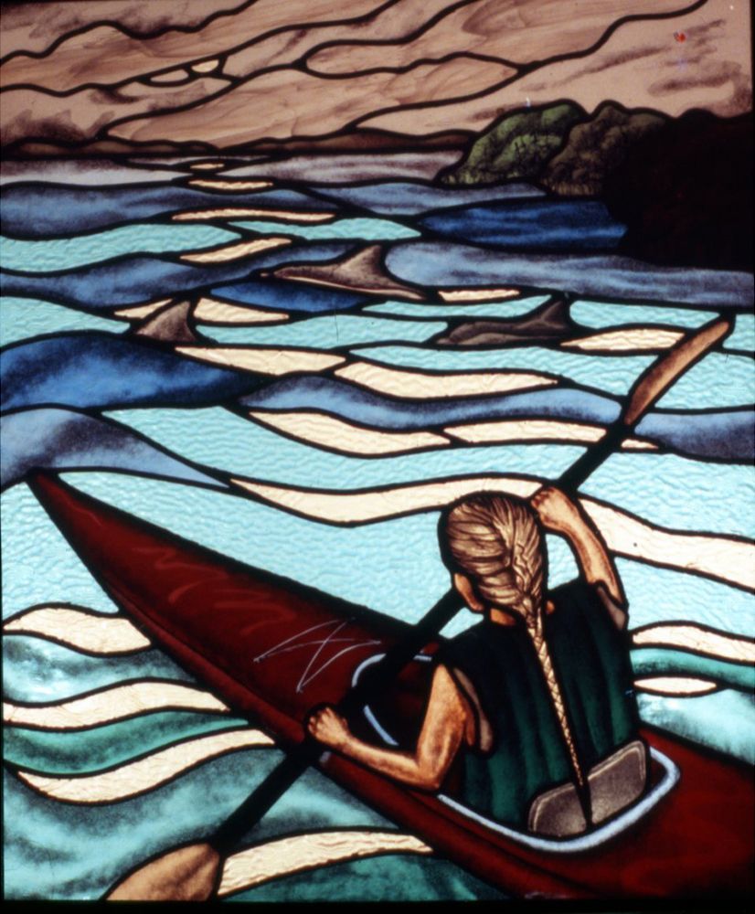 A stained glass painting of a woman in a kayak