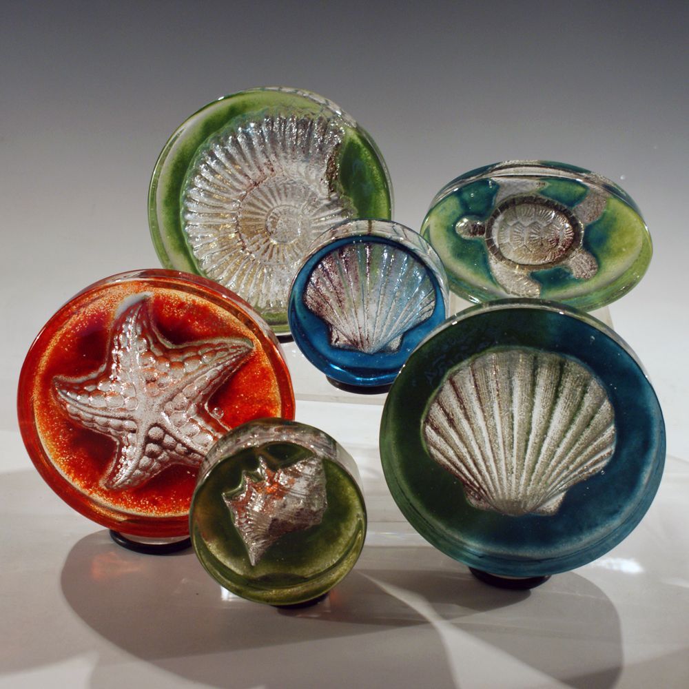 A group of glass balls with seashells and starfish on them
