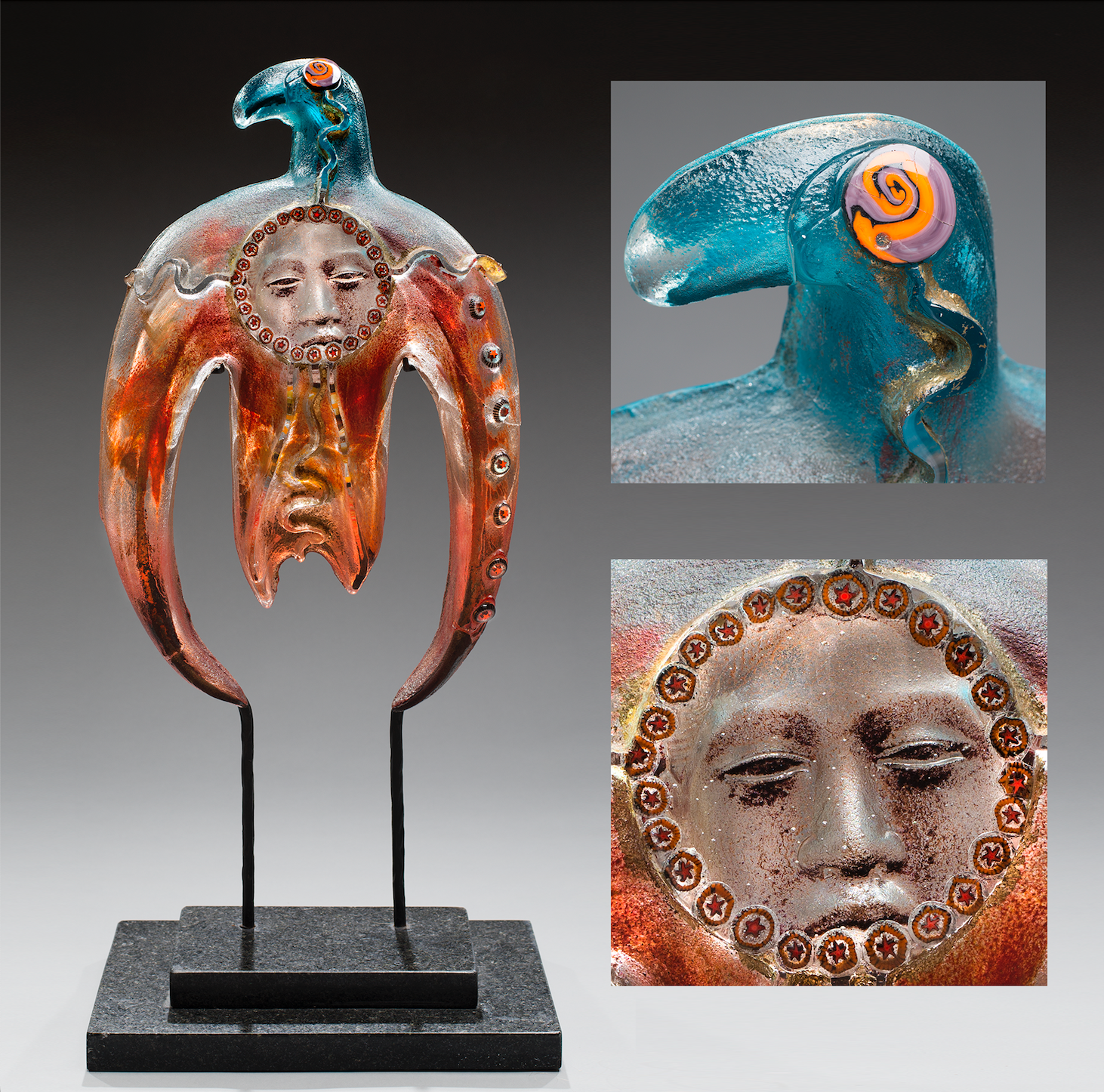 A statue of a bird with a face on it