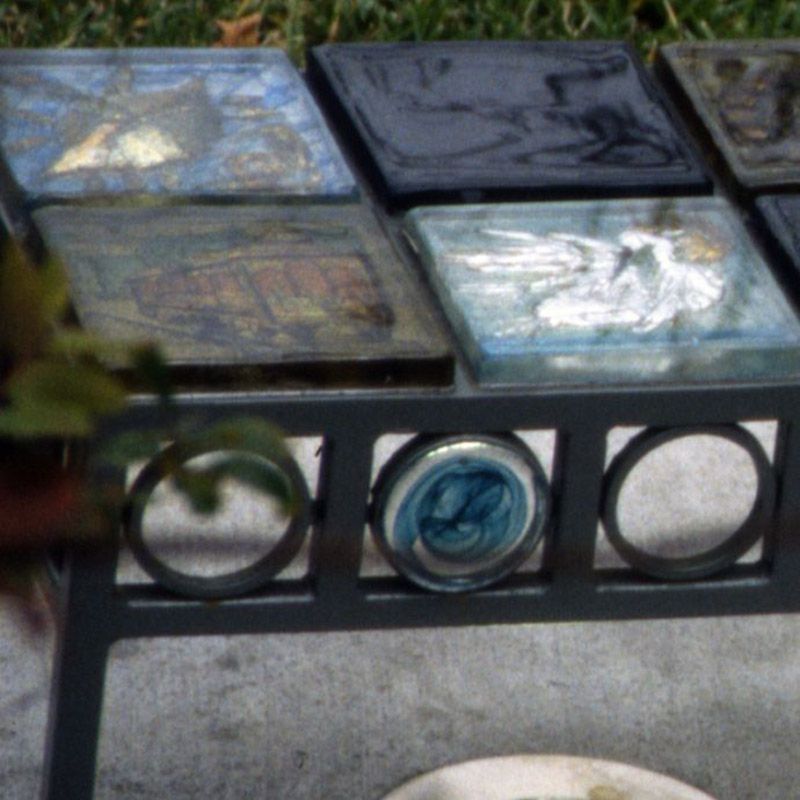 A table with a blue circle in the middle of it