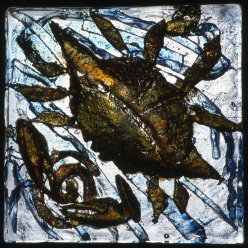 A painting of a crab in a stained glass window