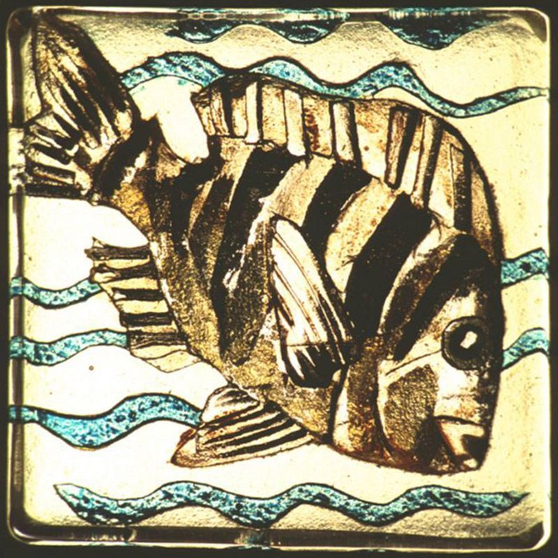 A painting of a fish with blue waves around it