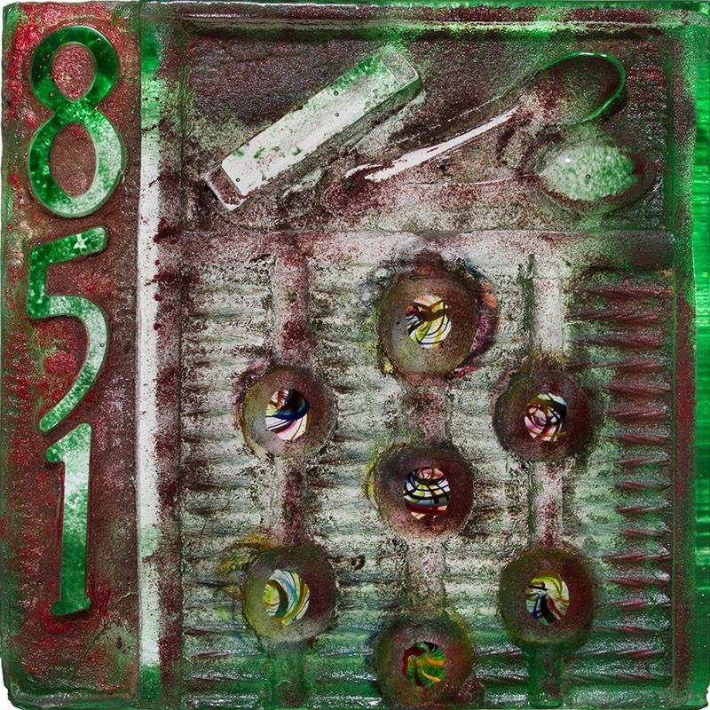 A red and green painting with the number 8 on it