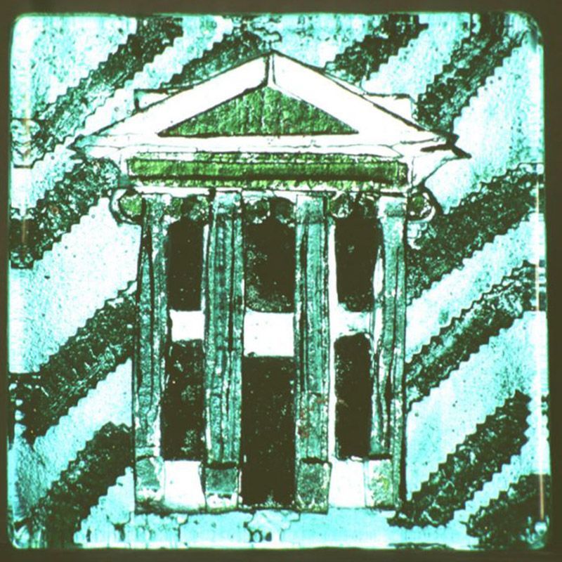 A drawing of a building on a striped background