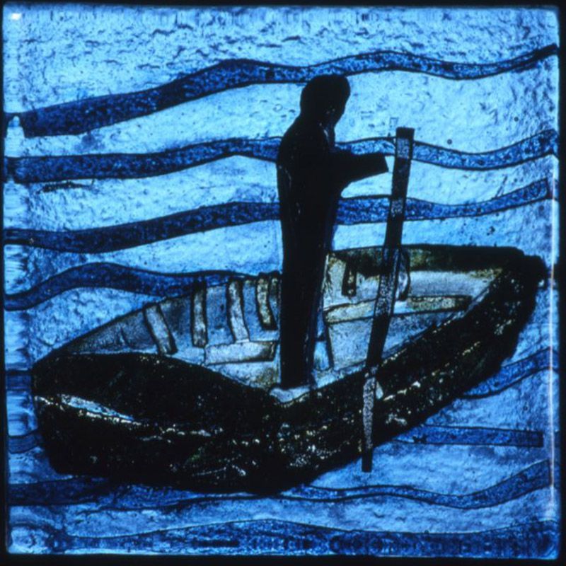 A stained glass painting of a man in a boat