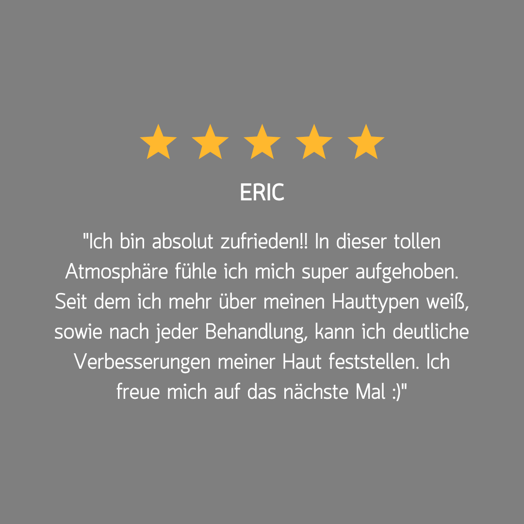 Eric is giving a five star review on a gray background.