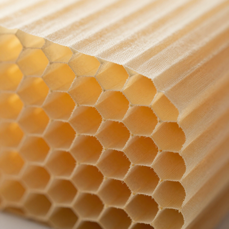 Close-up of a honeycomb structure with beige hexagonal cells and striped background material
