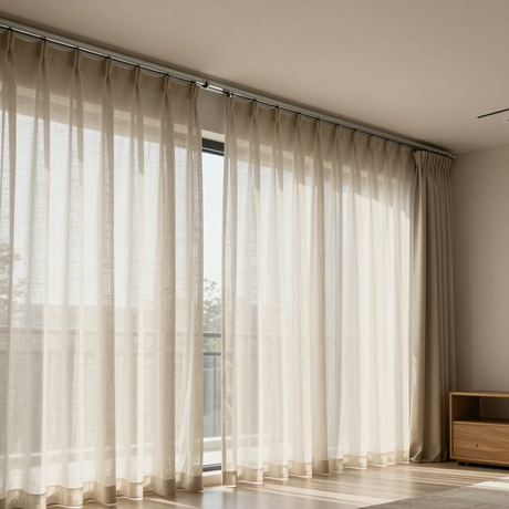 Sheer white curtains covering a large window in a bright minimalist room