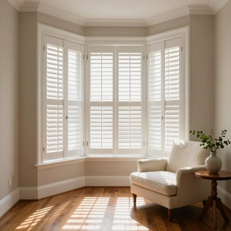Bright living room with bay windows, white shutters, a cream armchair, and sunlight on hardwood floors