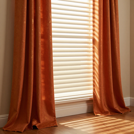 Orange curtains framing a sunlit window with white blinds and striped light on the floor