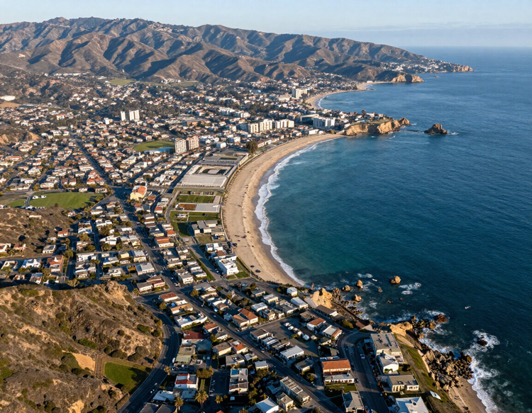 Aerial view of a coastal town with a curved sandy beach and blue ocean, backed by hills.