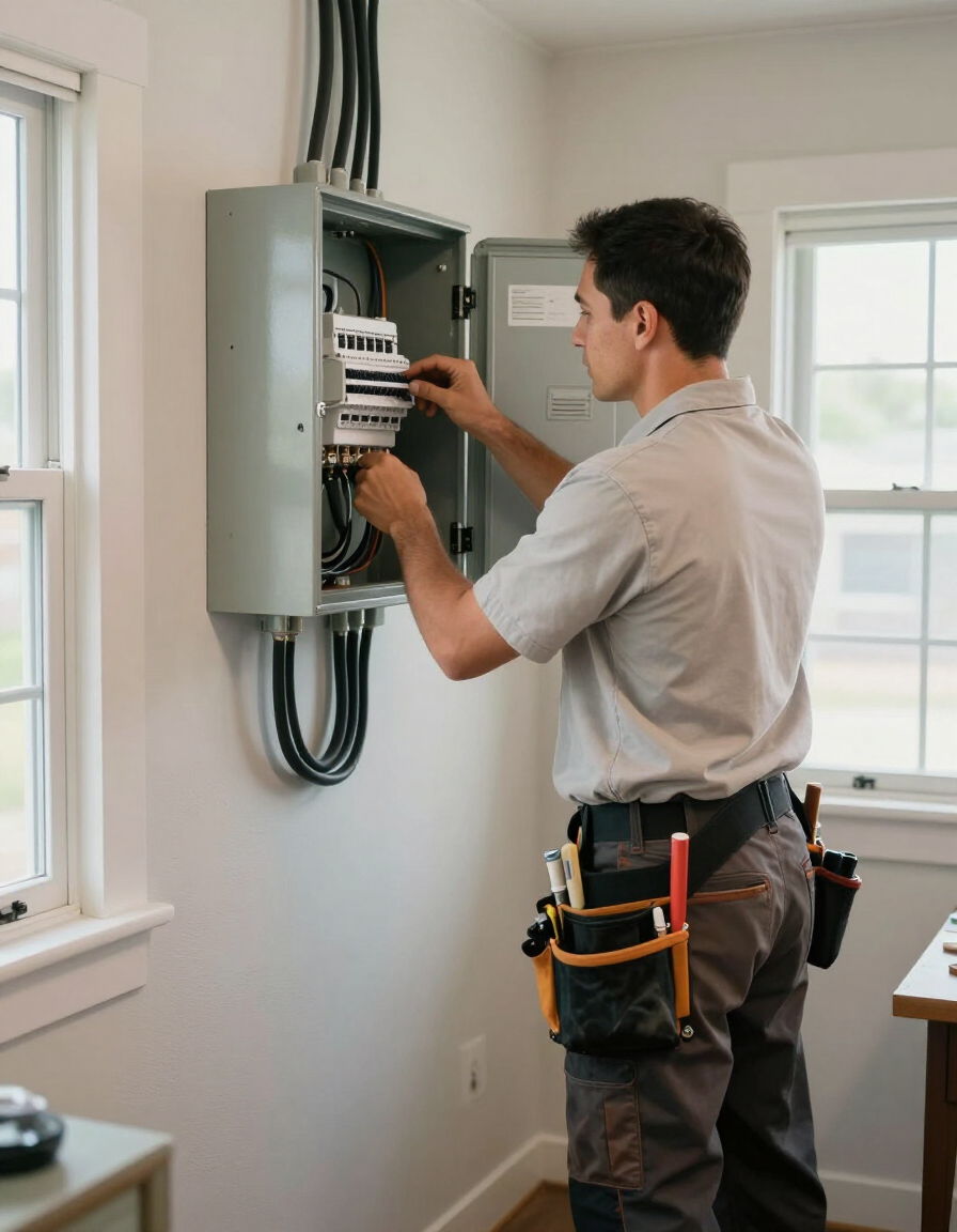 Licensed electrician inspecting a residential electrical panel in Southern California
