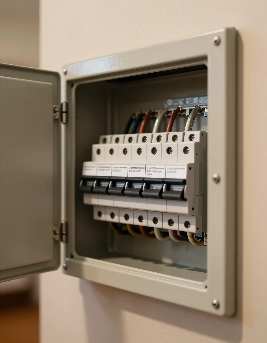 Residential electrical panel with labeled breakers in a Southern California home