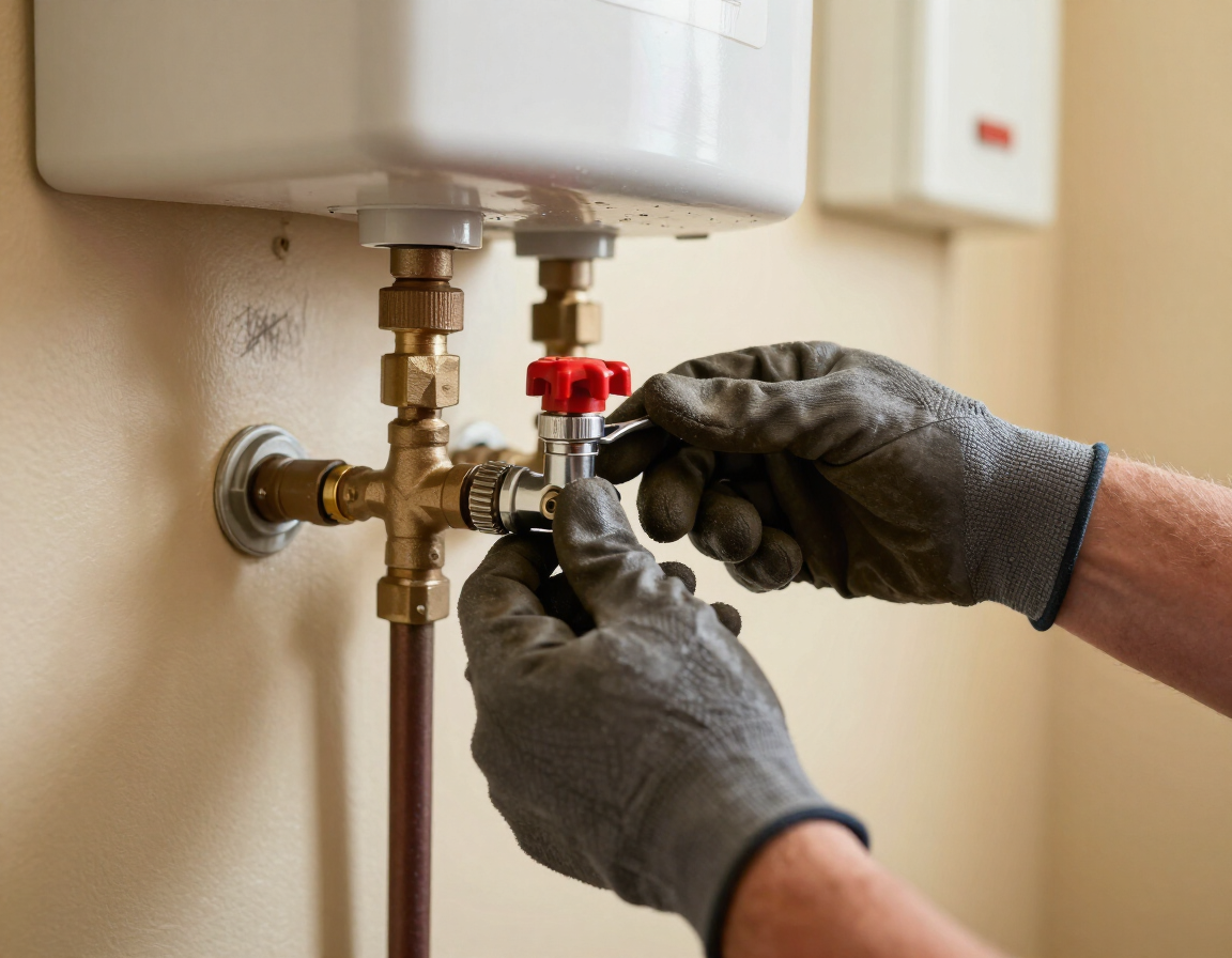 Plumber inspecting water heater pressure relief valve during a service visit in a Malibu area home.