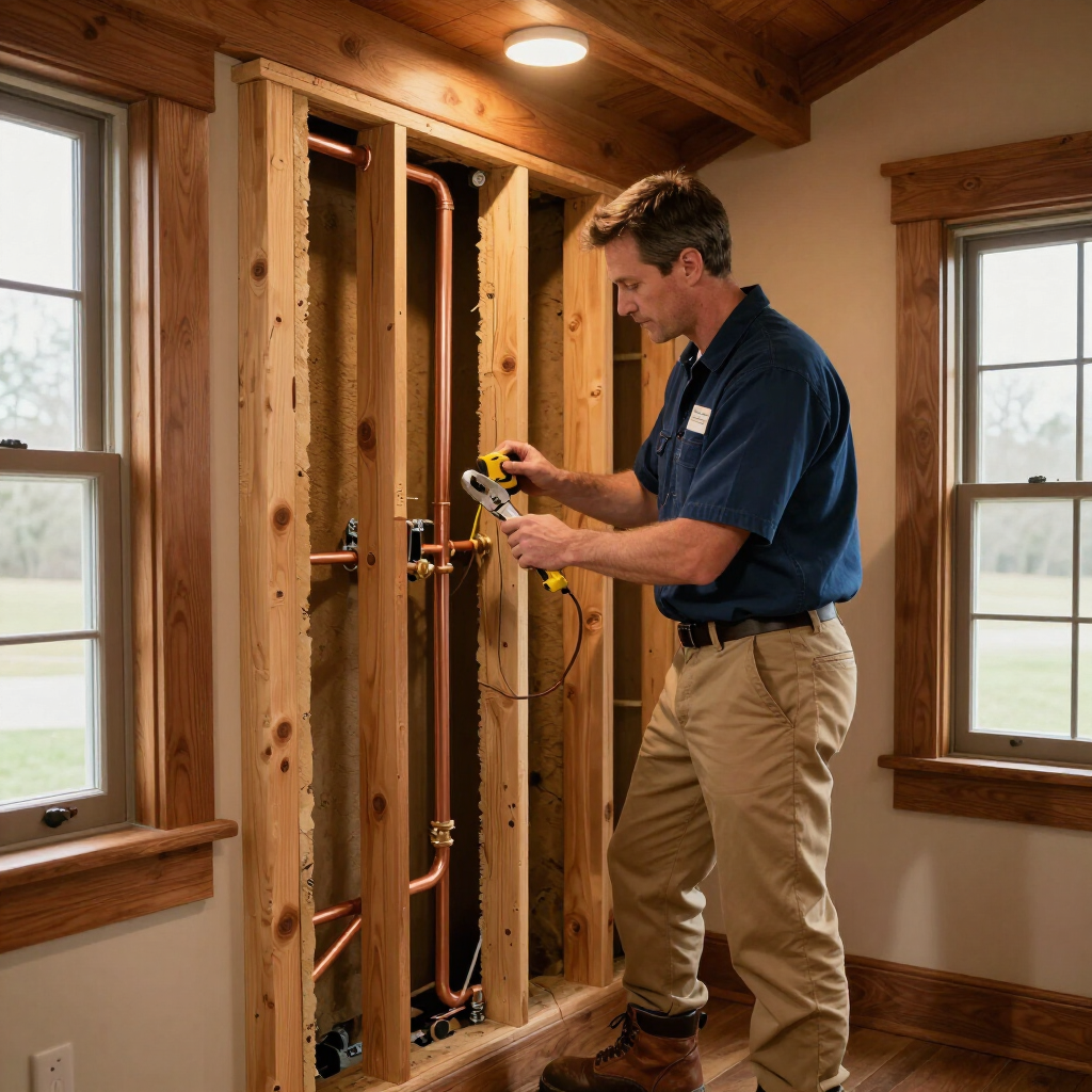 Licensed plumber inspecting pipe installation inside a Southern California residential property wall cavity.