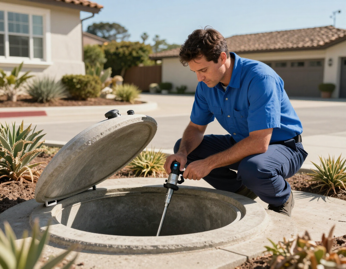 Septic system inspection at a Malibu residential property – A&B Malibu Plumbing technician on site
