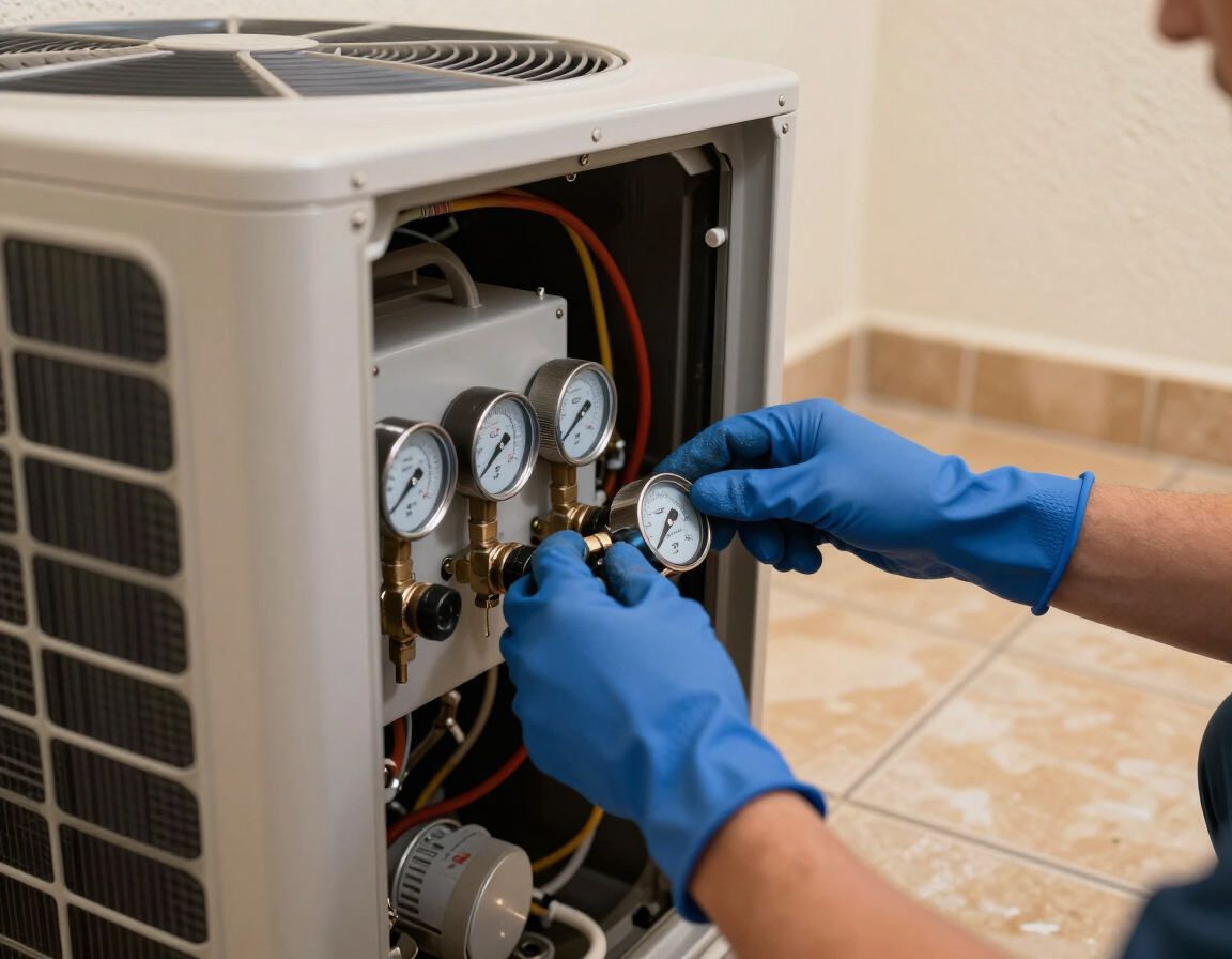 HVAC technician inspecting residential air handler during a service call in the Malibu area