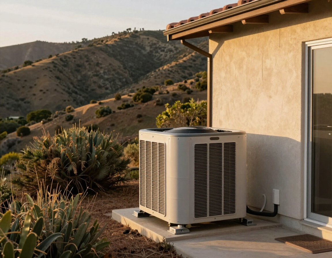 Residential HVAC condenser unit at a Malibu canyon property serviced by A&B Malibu Plumbing, Heating & Electrical
