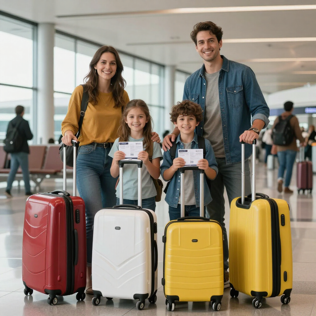 Familia con equipaje en una terminal de aeropuerto, sonriendo y lista para viajar.