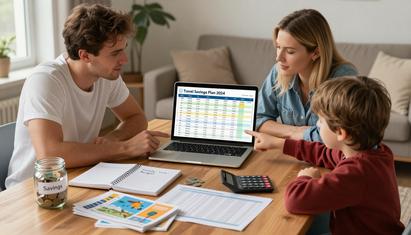Familia revisando sus finanzas en una mesa con computadora portátil, calculadora y documentos.