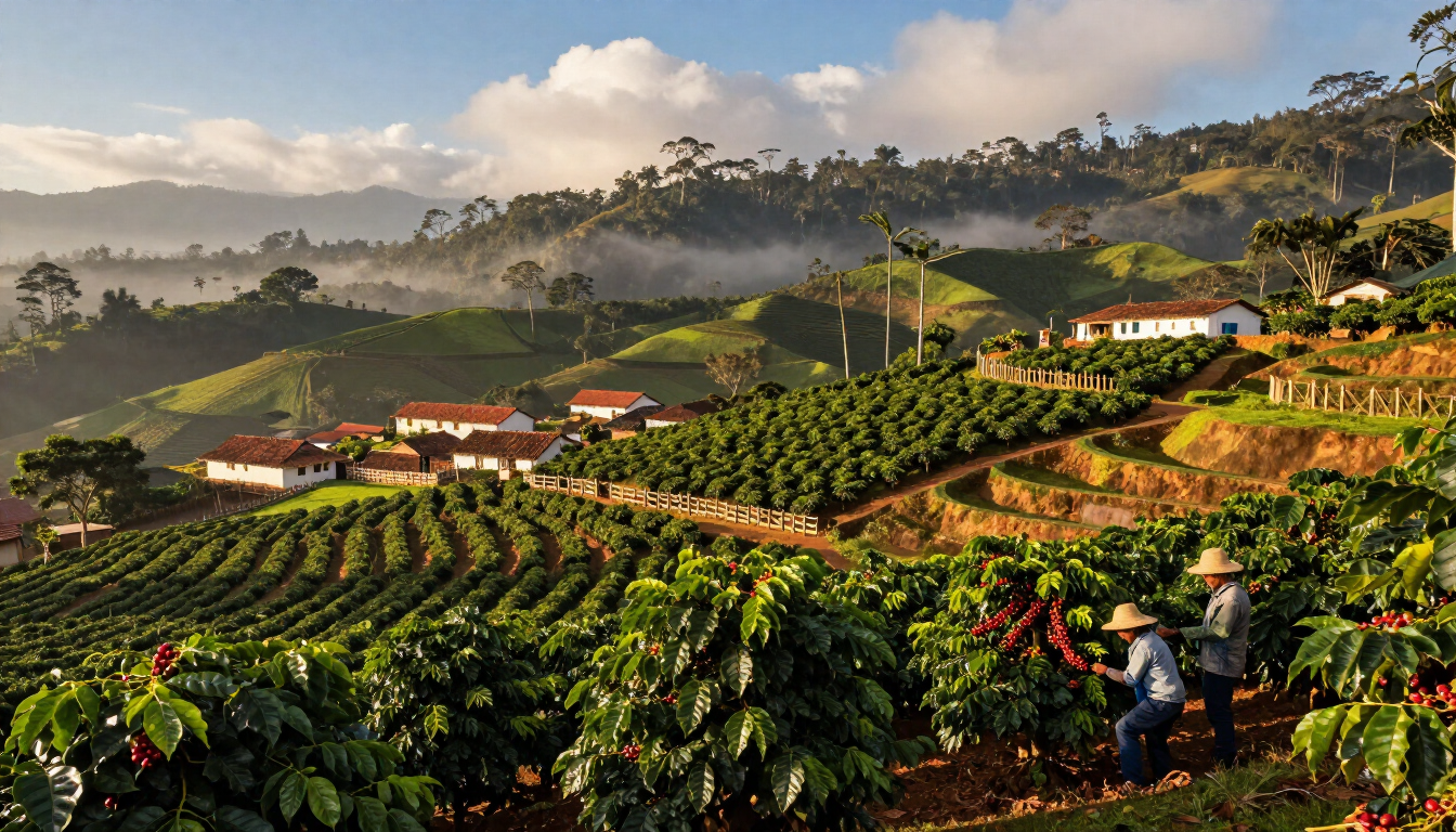 Finca cafetalera en ladera bañada por el sol