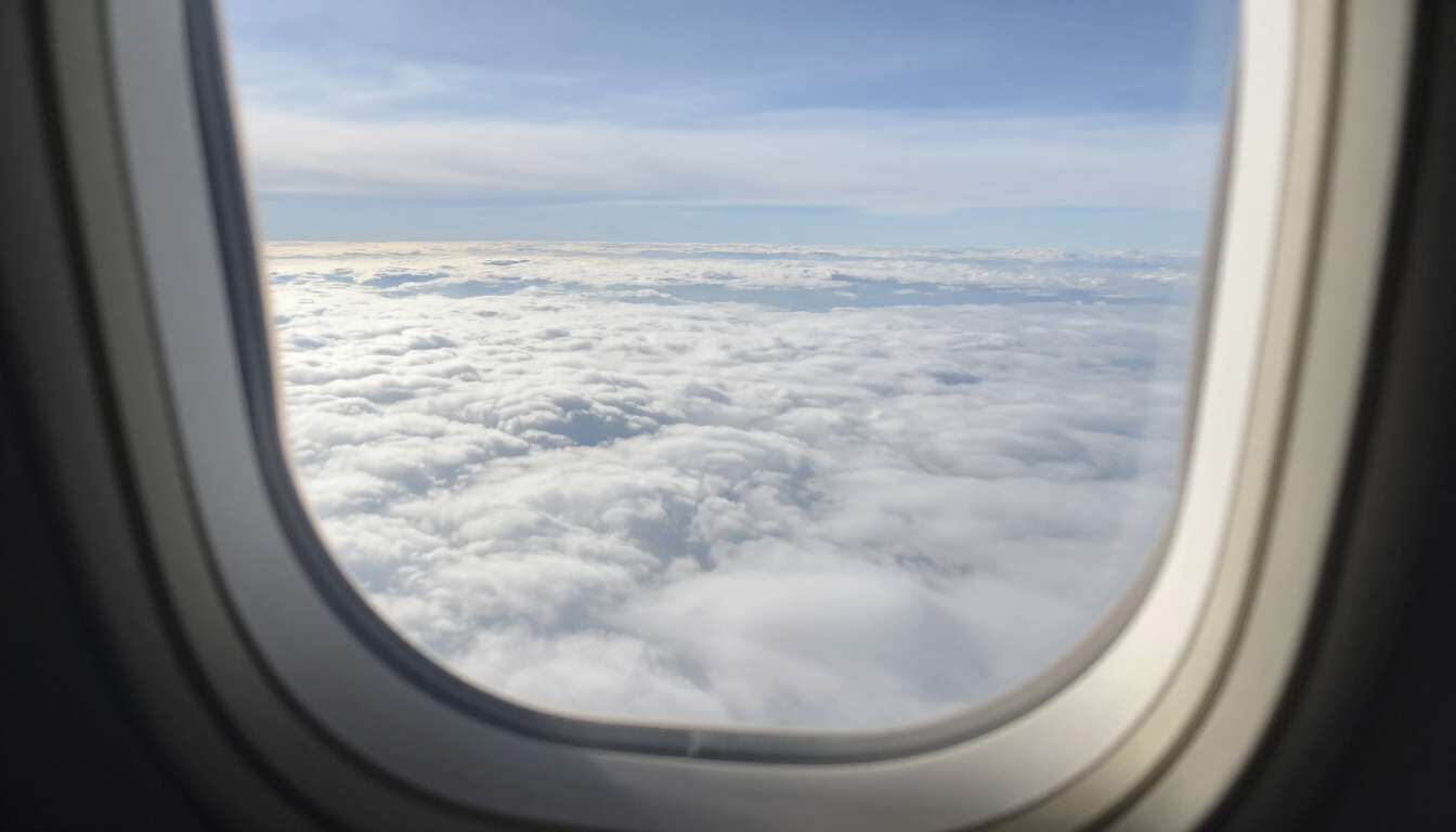Vista desde la ventana de un avión sobre un manto de nubes blancas y cielo azul.