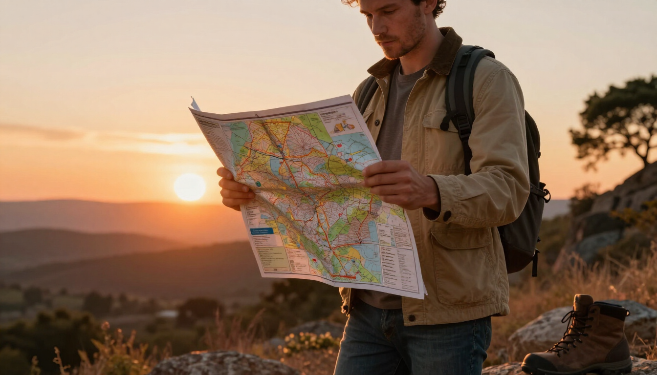 Un excursionista estudia un mapa al atardecer en un paisaje montañoso.