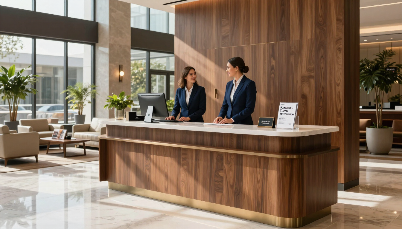 Mostrador de recepción de hotel con dos empleados detrás de un mostrador revestido de madera en un vestíbulo moderno.