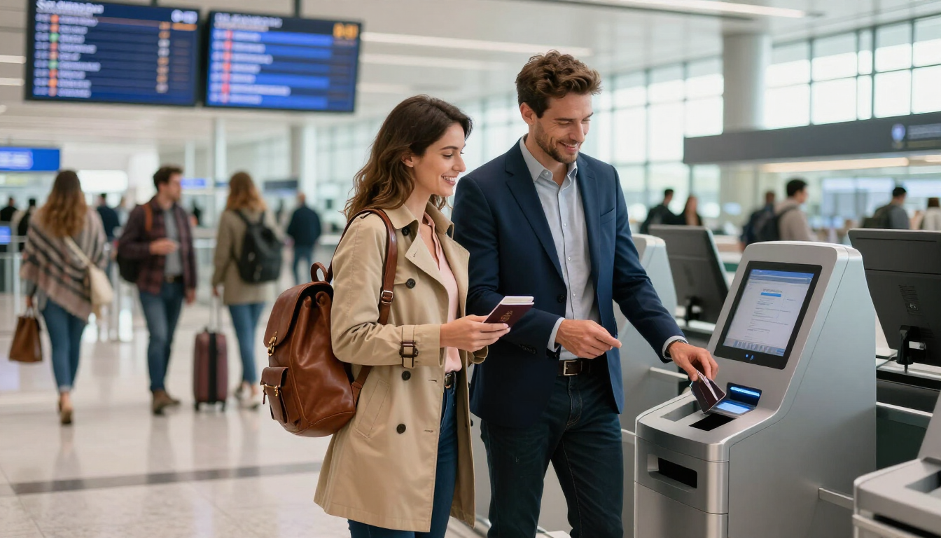 Viajeros en un quiosco de facturación del aeropuerto, mirando un teléfono y tocando la pantalla.
