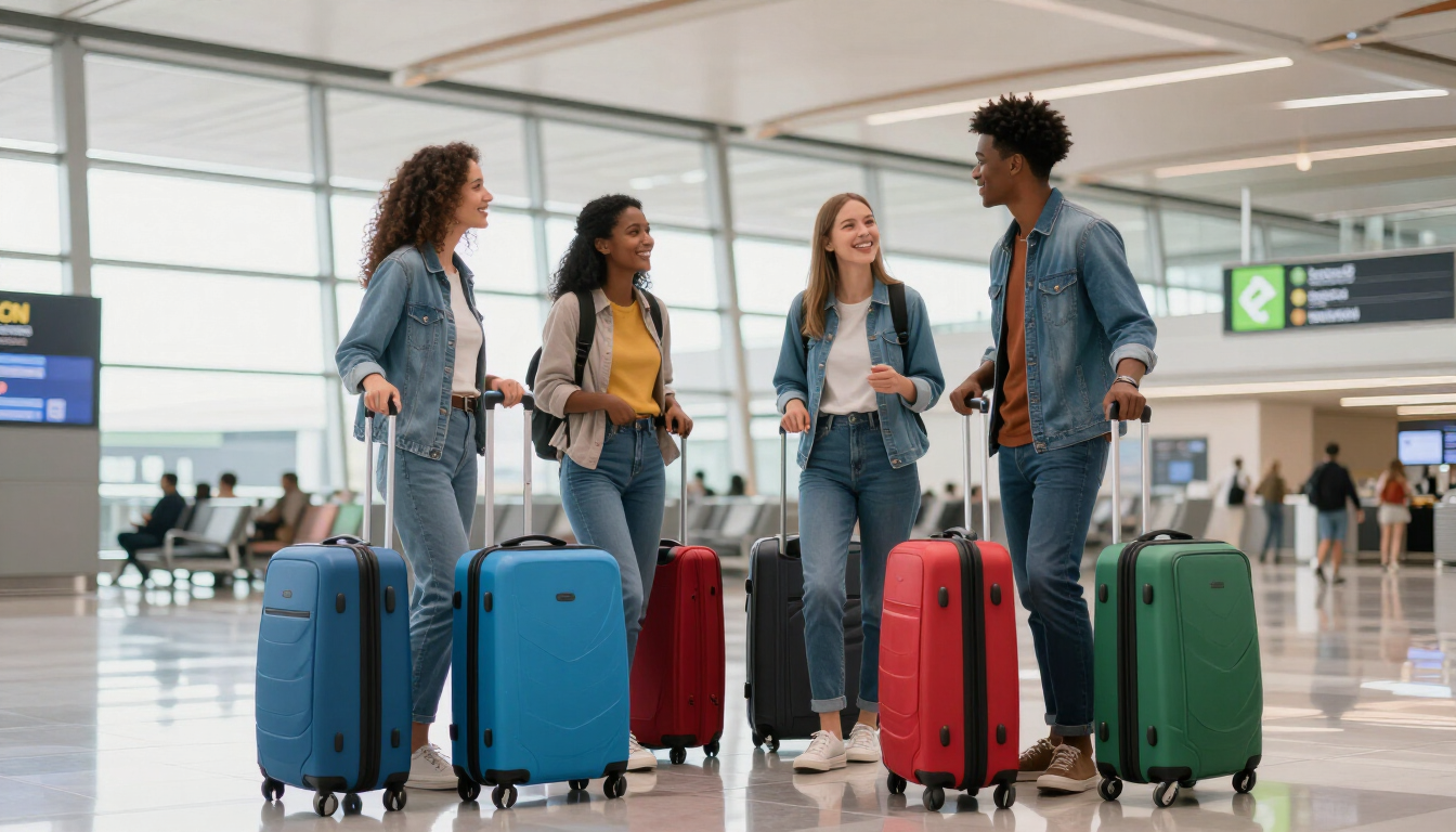 Cuatro viajeros permanecen de pie con coloridas maletas con ruedas en una terminal de aeropuerto.