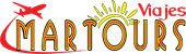 Logotipo de Viajes MARTOURS con un avión rojo y un sol amarillo sobre texto naranja sobre fondo blanco.