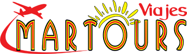 Logotipo de Viajes MARTOURS con un avión rojo y un sol amarillo sobre texto naranja sobre fondo blanco.