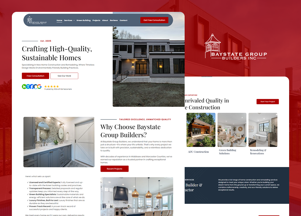 Website mockup for a home remodeling company, with red and white sections and kitchen and bathroom project photos