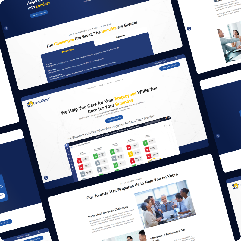 Angled collage of blue-and-white website mockups on screens, showing healthcare service pages and dashboard tiles