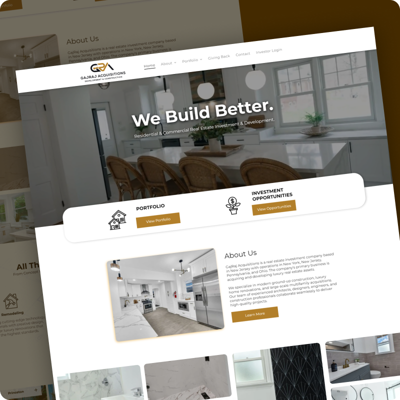 Homepage mockup for a construction company with hero image, service icons, and project thumbnails